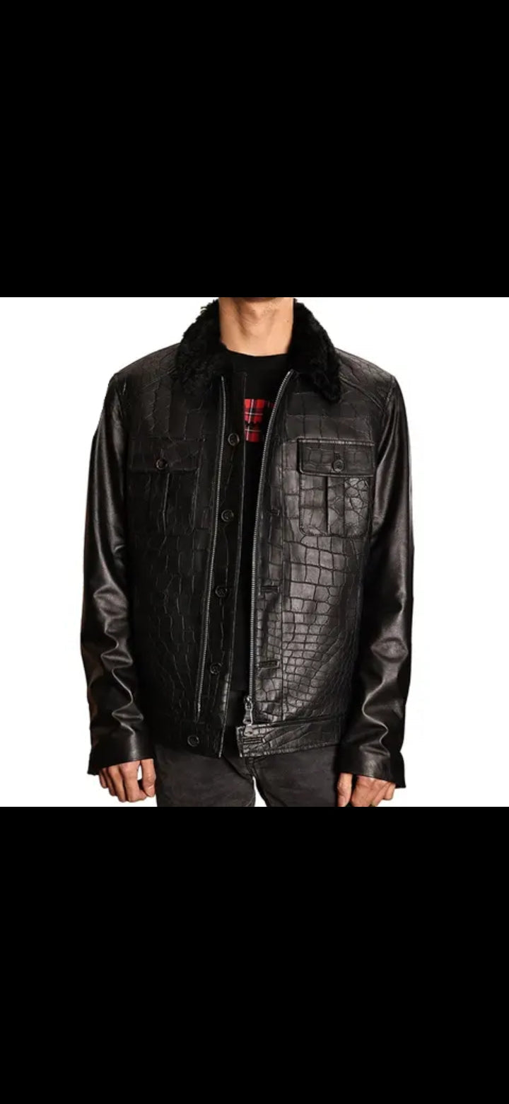 Handmade men's crocodile leather jacket by Don John, featuring detailed crocodile texture and classic collar design.