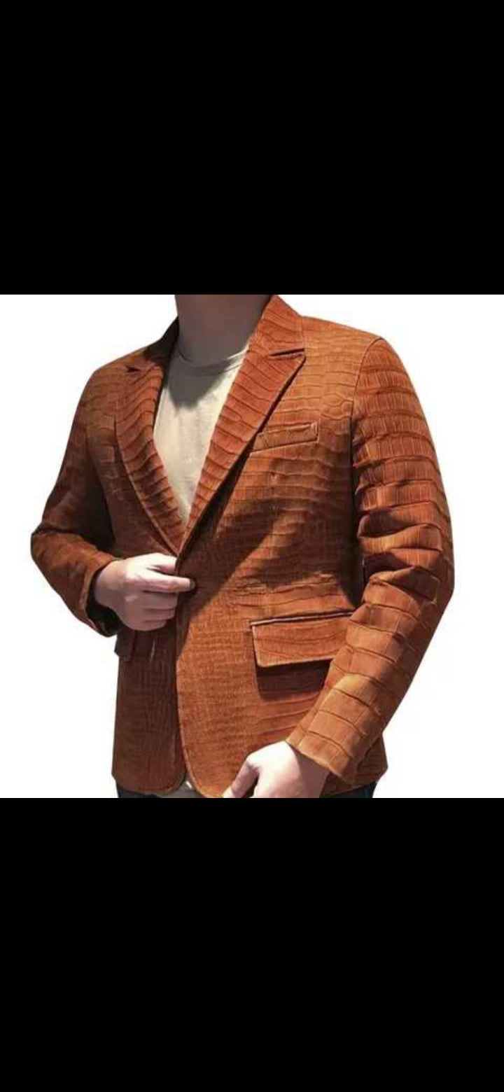 Handmade men's crocodile leather jacket by Don John, featuring detailed craftsmanship and a stylish, classic design.