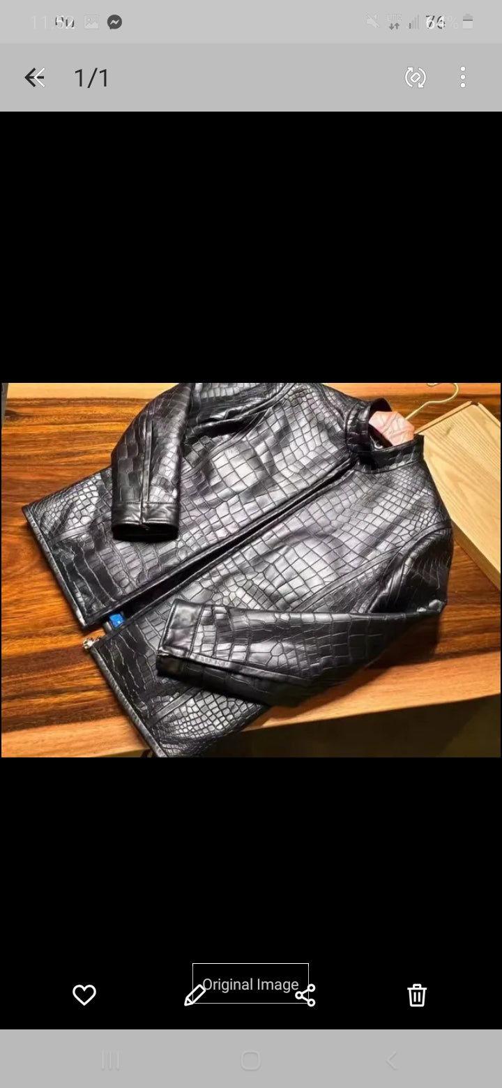 Handmade men's crocodile leather jacket by Don John, featuring detailed stitching and a stylish, rugged design.