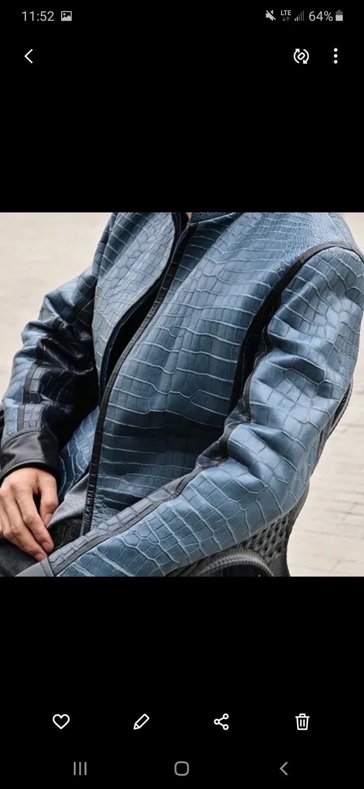 Handmade men's crocodile leather jacket by Don John, featuring detailed craftsmanship and a sleek, stylish design.