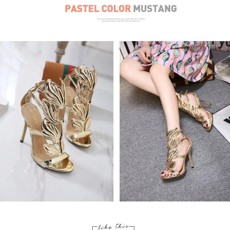 Gold high-heel open-toe sandals for women with elegant leaf detailing, perfect for summer evenings and parties.