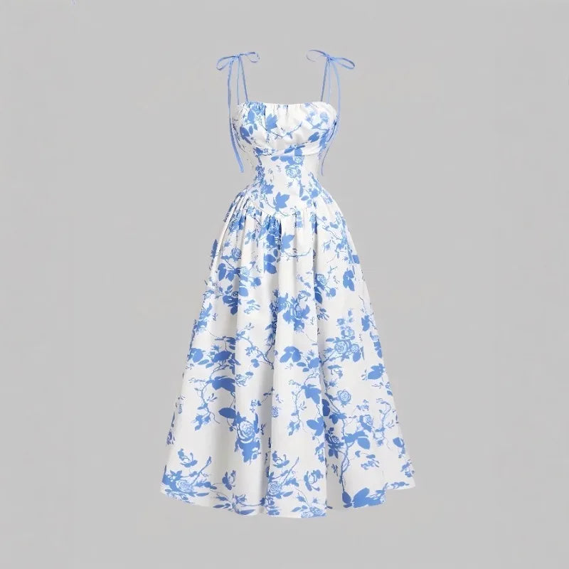Women's Floral Slip Dress French Vintage High Waist Casual Sundress
