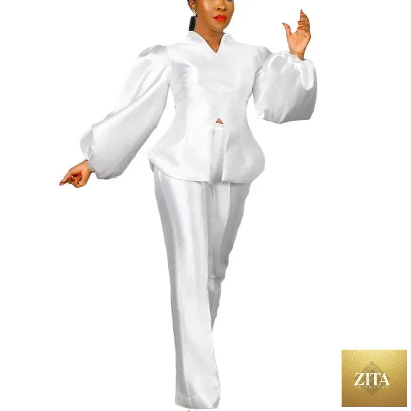 Elegant office ladies 2-piece satin blouse and straight trousers set by FLIPSTYLEZLLC, featuring a luxurious solid design for professional wear.