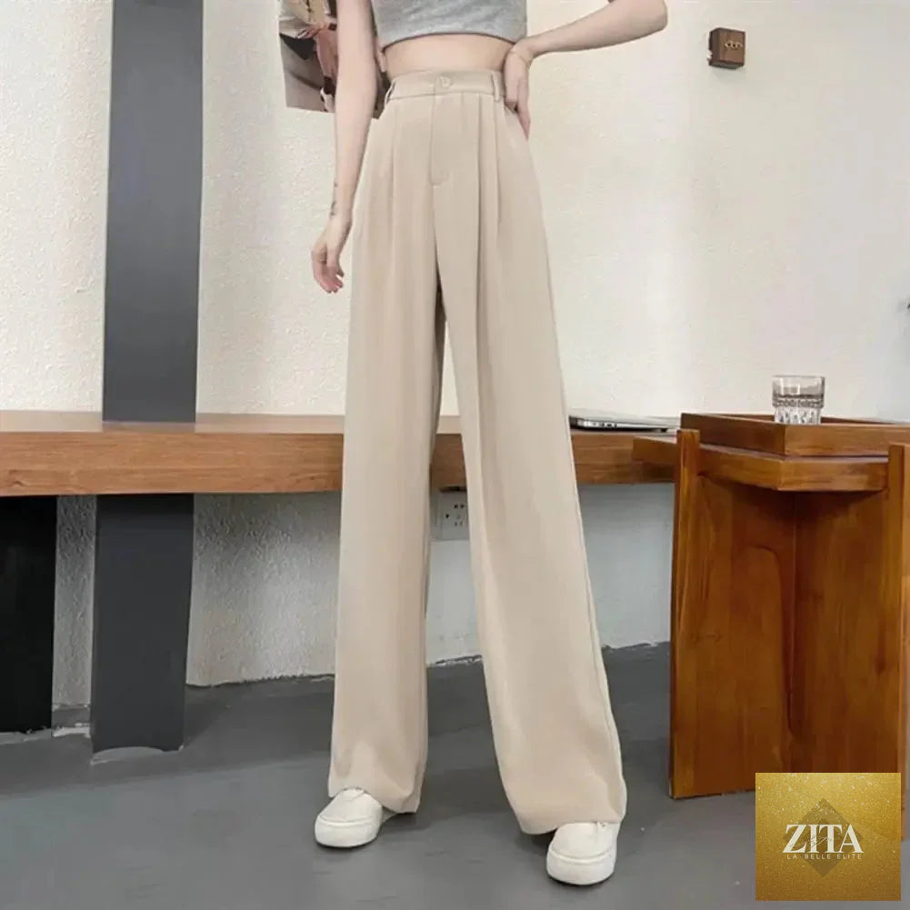 Women’s high waist straight wide-leg trousers by Ladyez with elastic waistband, slant pockets, solid color, and loose fit.