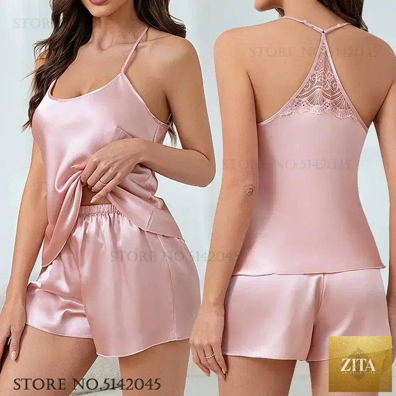 Sexy Suspender Pajamas Set Strap Top&shorts Loungewear Summer Silk Satin Sleepwear Intimate Lingerie Loose Home Clothes Pijamas