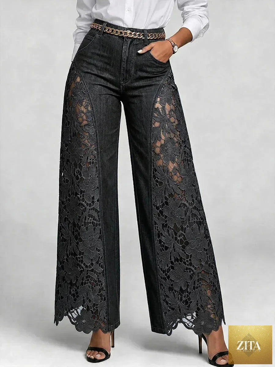 Women high waist lace spliced wide leg denim jeans in a casual, flowy style with loose fit and stylish design.