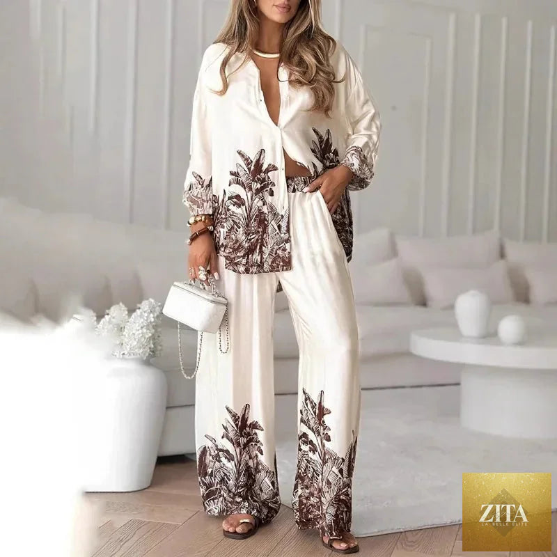 Elegant Women Loose Two Piece Set Chic Floral Print Long Sleeve Shirt Wide Leg Pants Set Bohemian Outfits Loungewear Pajamas Set