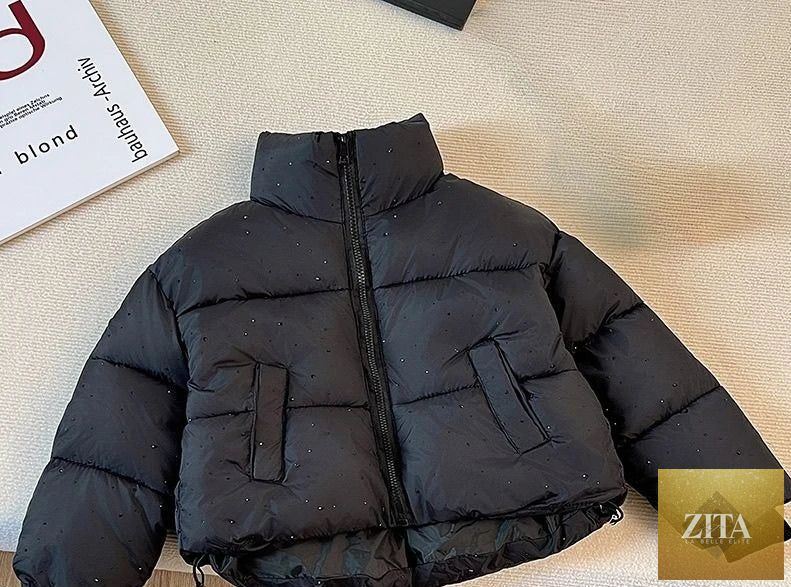 2025 Winter Girls Rhinestone Puffer Jacket Korean Star-Studded Fashion Coat Glitter Zip-Up Quilted Down Jacket