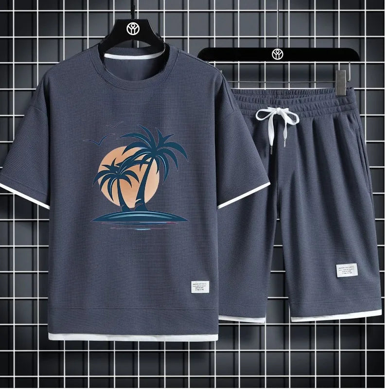 Men's waffle summer casual tracksuit set by THRIXINE, featuring a comfortable activewear set with a hoodie and joggers.
