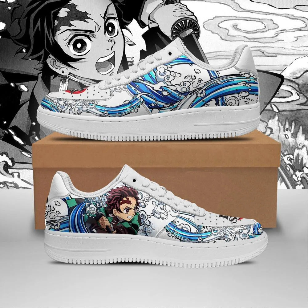 Demon Slayer sneakers featuring Tanjiro and Nezuko characters on low-top shoes by Infinite Visibility.