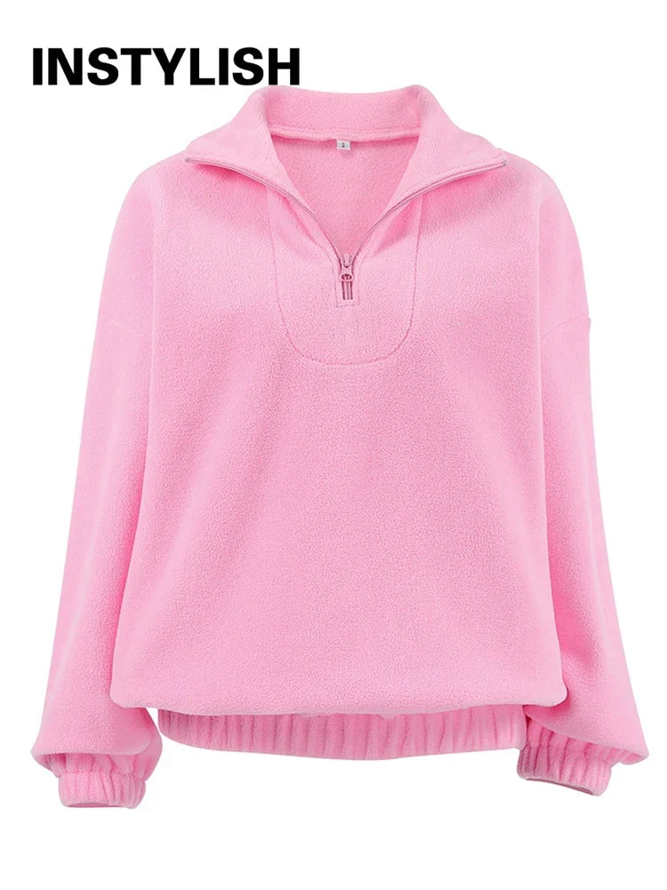 Women’s beige fleece hoodie with stand collar, zipper, and loose fit, stylish casual winter sweatshirt by LadyShow.