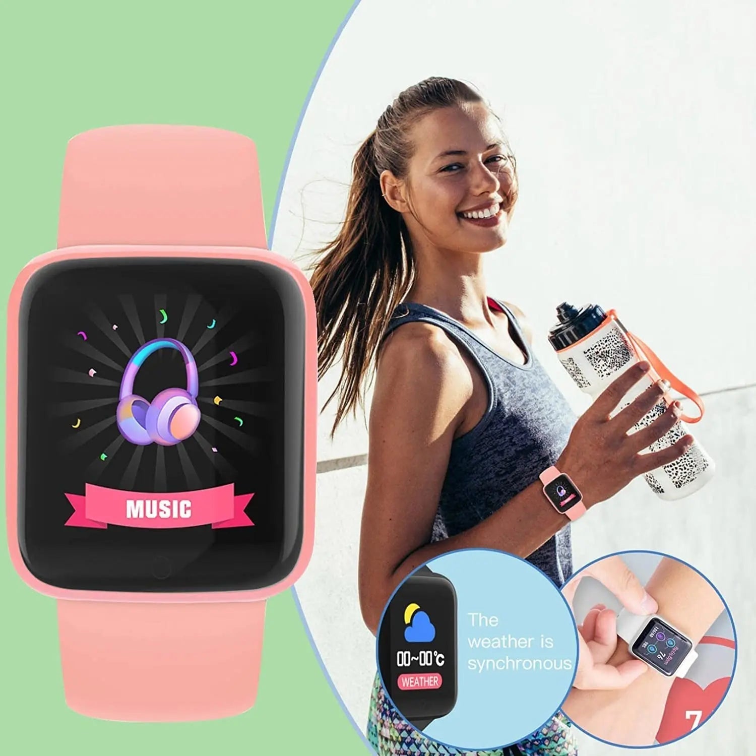 Multifunctional Smart Watch Men Women Bluetooth Connected Phone Music Pink Lucky