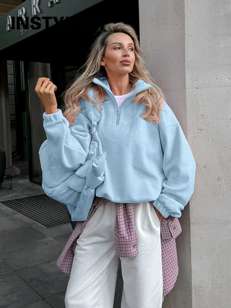 Women’s fleece hoodie by LadyShow.Store, elegant stand collar zip-up sweatshirt in solid color, casual winter streetwear.