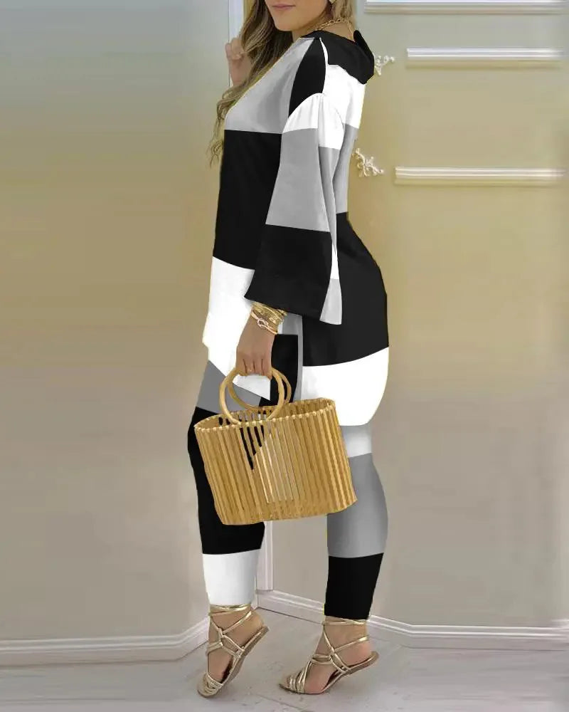 Women’s long sleeve V-neck two-piece set with printed polyester fabric, stylish and comfortable for casual wear.