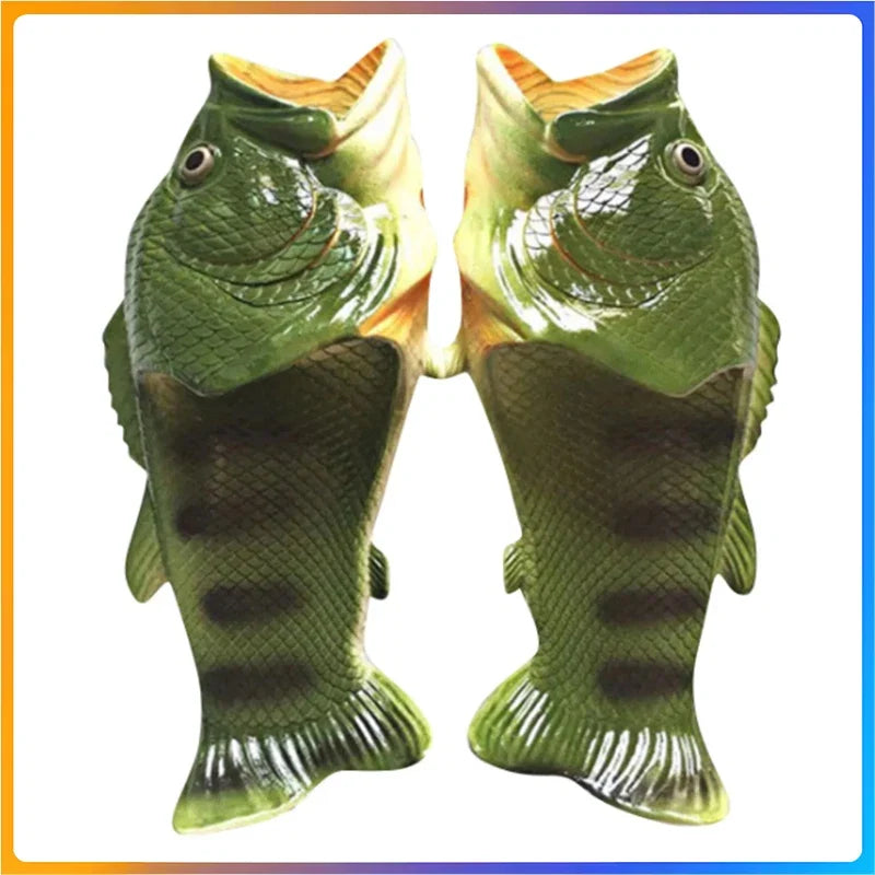 Pair of colorful fish-themed summer slippers for women and children from LadyShow.Store, featuring large sizes 32-46, perfect for beach wear.