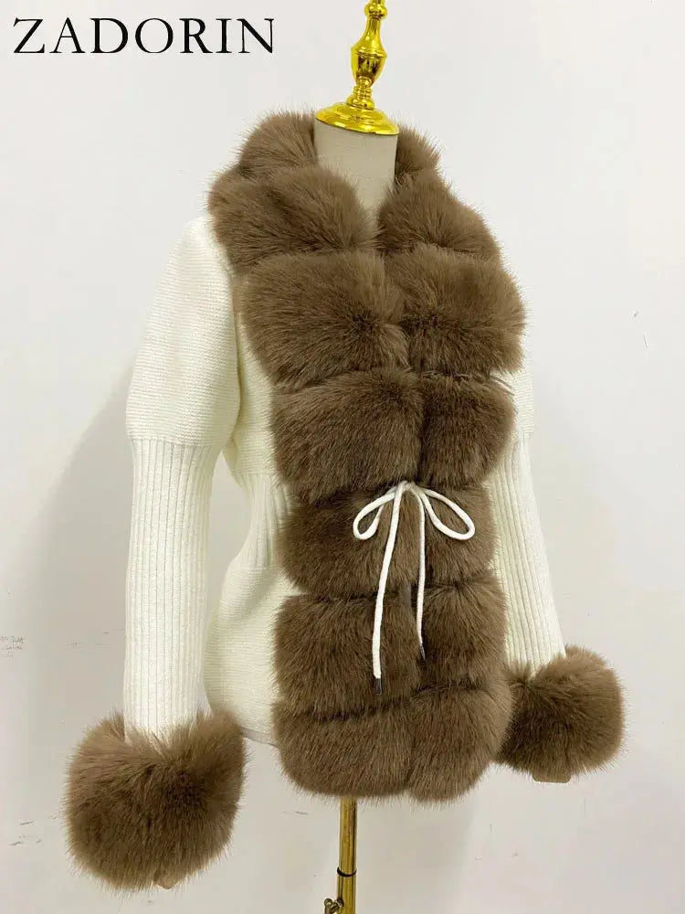 ZADORIN Fall Winter Women Faux Fur Coat Luxury Knitted Sweater Fur Cardigan Detachable Collar White Pink Jacket Faux Fur Coats ZITA LA BELLE ÉLITE