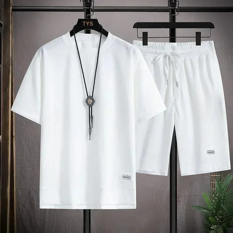 Men's waffle fabric summer casual tracksuit set by THRIXINE featuring comfortable activewear with a relaxed fit and stylish design.