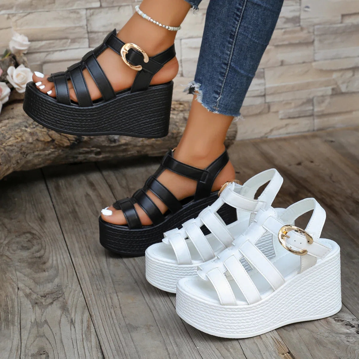 Women ankle buckle wedge sandals by LadyShow.Store, breathable summer platform shoes with soft soles and retro style.