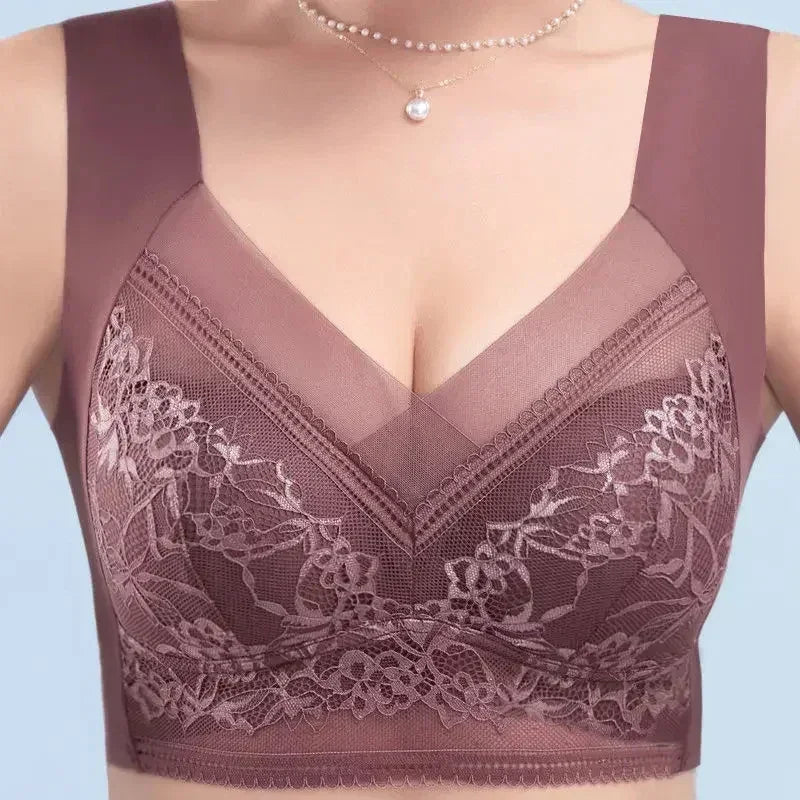 Femstylo women's large push-up ice silk lace wireless bralette, seamless plus size top lingerie, summer bra with lace details