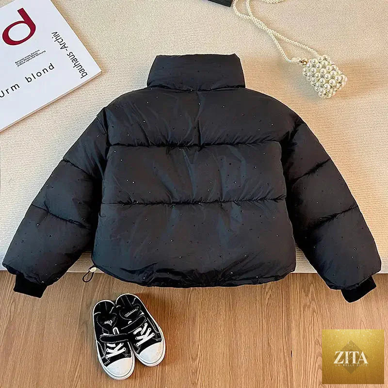 2025 Winter Girls Rhinestone Puffer Jacket Korean Star-Studded Fashion Coat Glitter Zip-Up Quilted Down Jacket