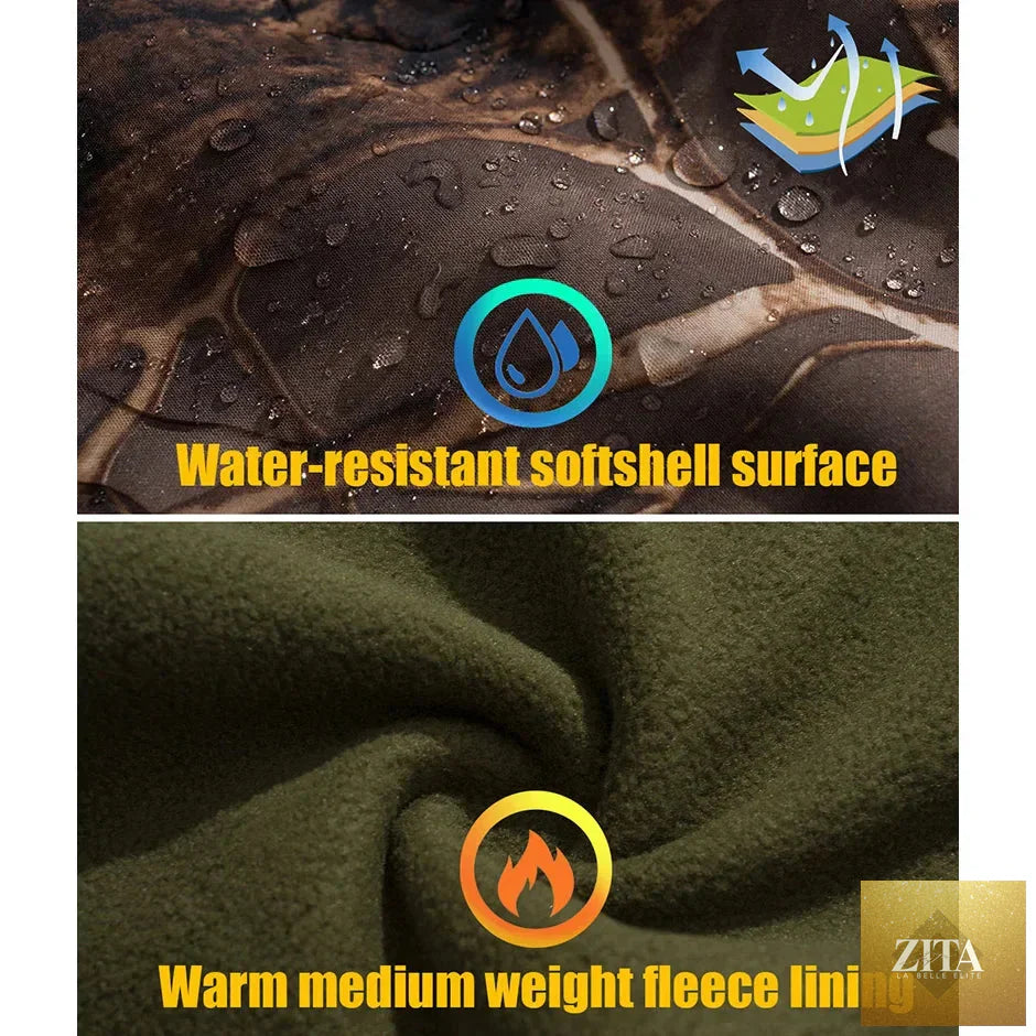 Men's Silent Soft Shell Camouflage Tactical Jacket Waterproof Warm Fleece Hunting Jackets Outdoor Hiking Fishing Hooded Coat