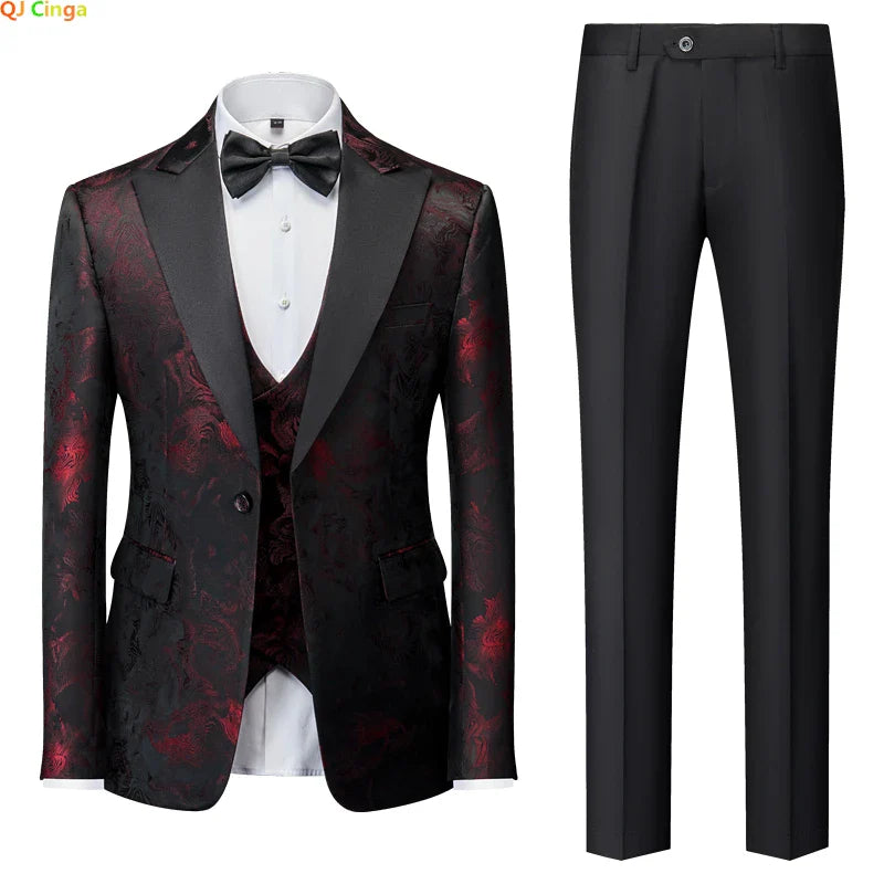 Men's Suit Set Three Pieces, Jacquard Fabric Jacket Pants & Vest