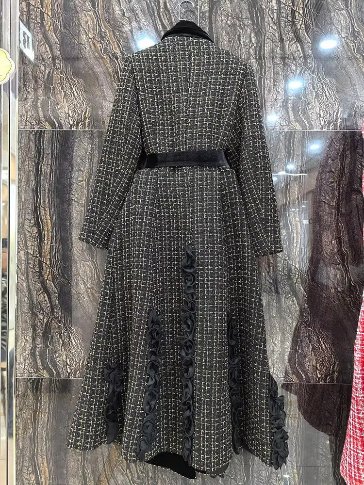 MoaaYina Winter Gray Black Coat With Grid Pattern And Double Breasted Lace Up Coat With Fungus Edge S-4XL ZITA LA BELLE ÉLITE