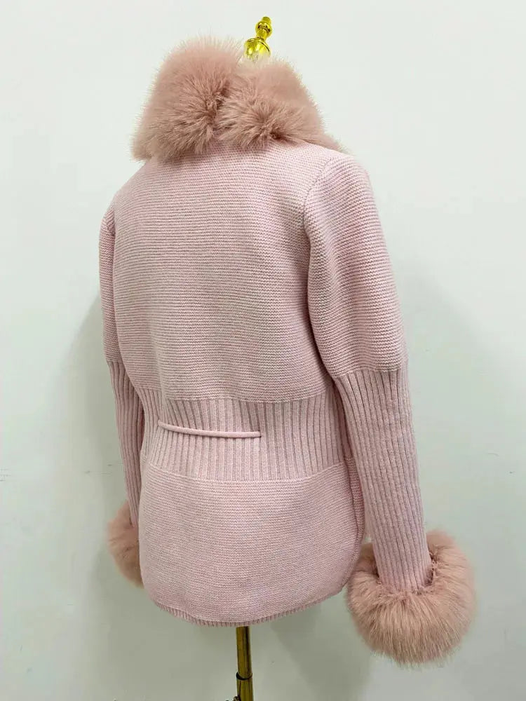 ZADORIN Fall Winter Women Faux Fur Coat Luxury Knitted Sweater Fur Cardigan Detachable Collar White Pink Jacket Faux Fur Coats ZITA LA BELLE ÉLITE