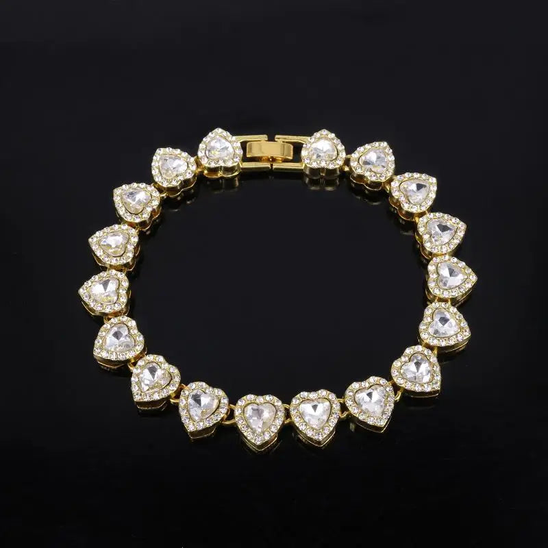 Shiny 45cm hip hop tennis chain bracelet and necklace set with rhinestone CZ hearts, fashion jewelry by FLIPSTYLEZLLC
