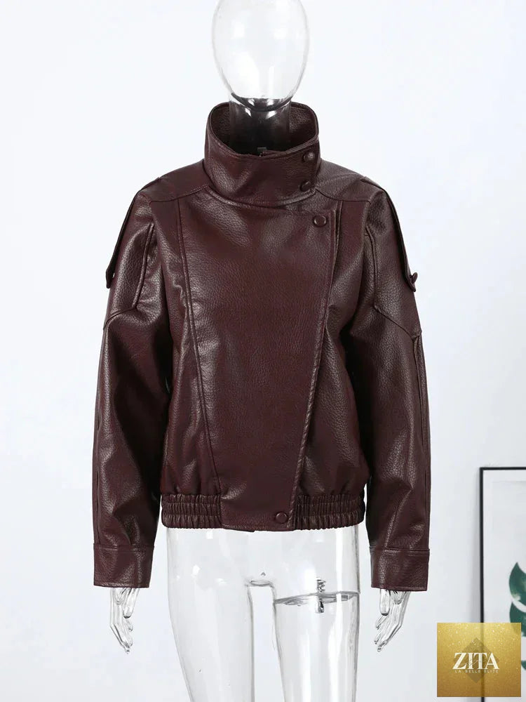 2026 Autumn Women's Faux Leather Jacket Brown Black Long Sleeve Stand Collar Thick Loose Lady Coat Fashion Motorcycle Streetwear