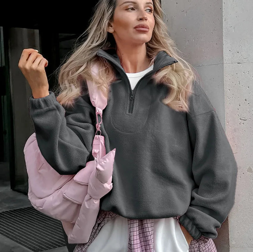 Women autumn winter fleece hoodie by LadyShow.Store, elegant stand collar zipper sweatshirt with a loose fit and solid color design.