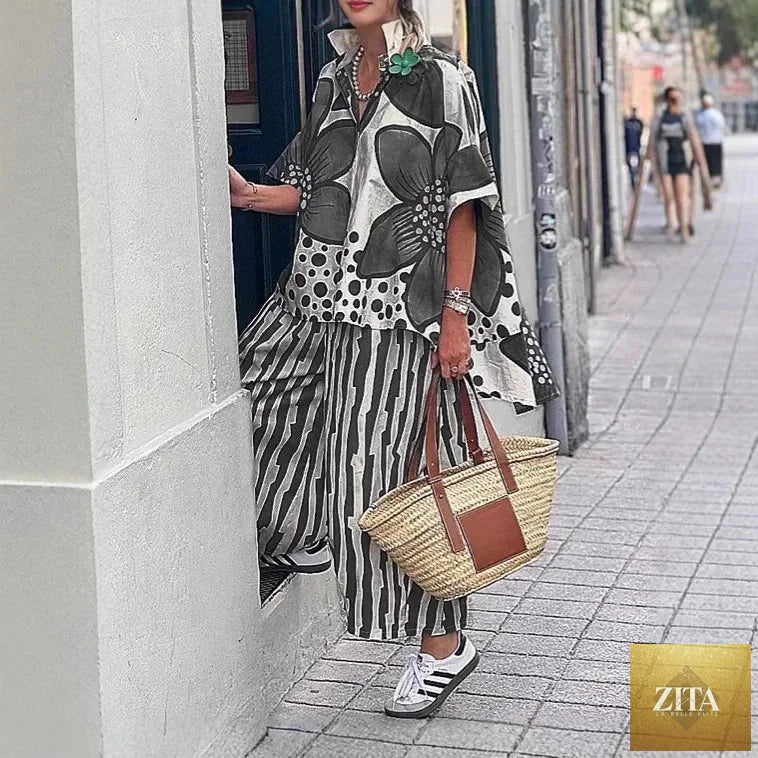 2 Piece Sets Women Summer Print Loungewear Long Pants Sets Vintage