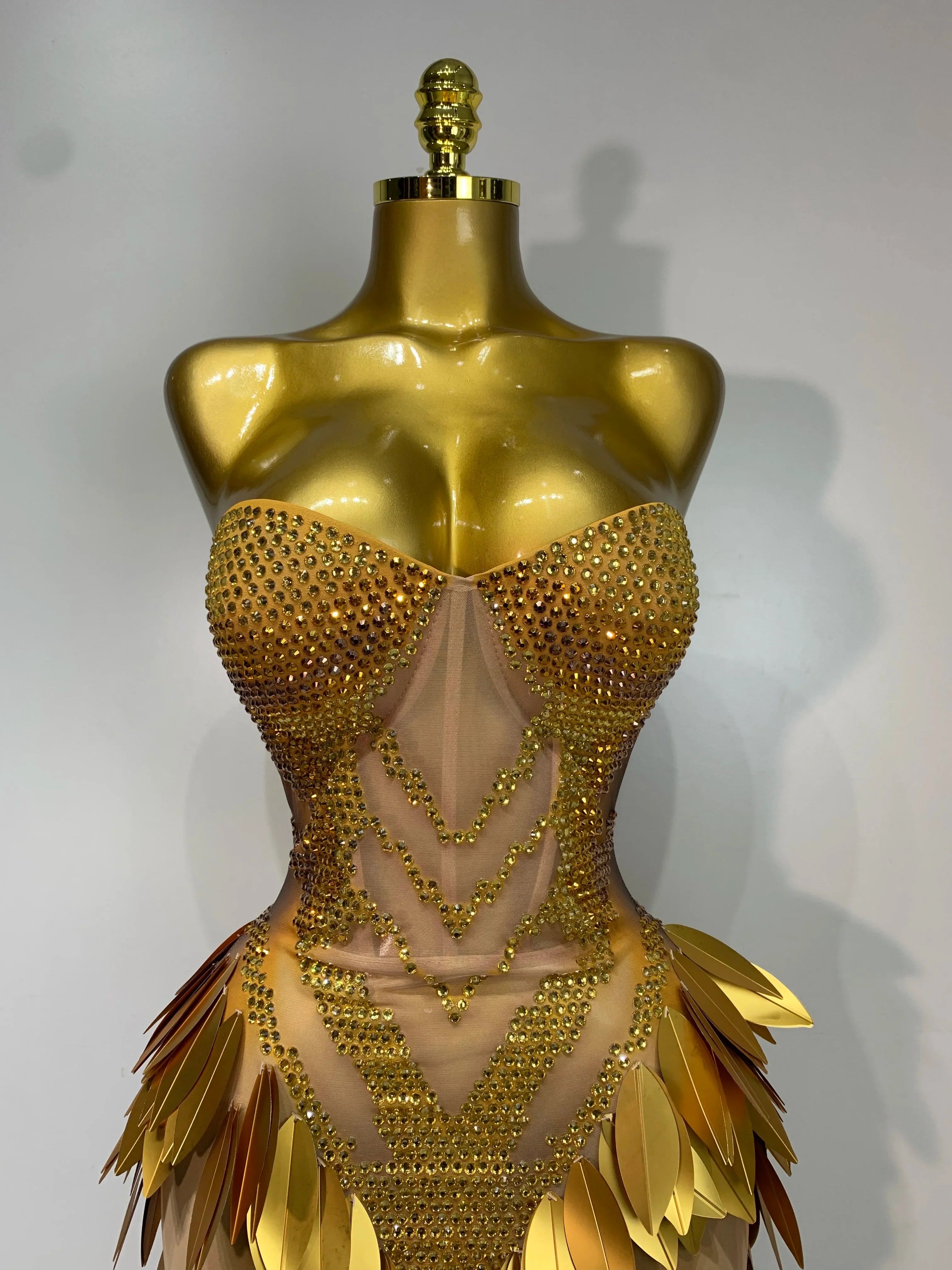 Women’s gold sequin mesh maxi dress by FLIPSTYLEZLLC, strapless evening gown with rhinestones for party and prom events.