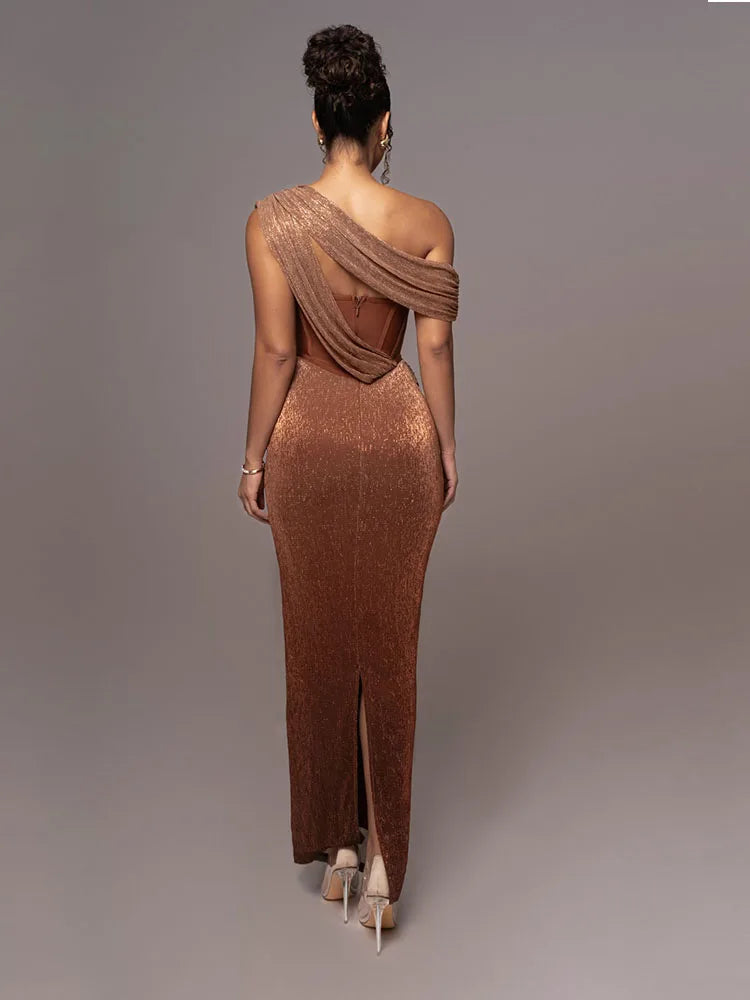 Brown one-shoulder glitter long dress for women, backless bodycon evening gown with draped design and sparkly details by FLIPSTYLEZLLC