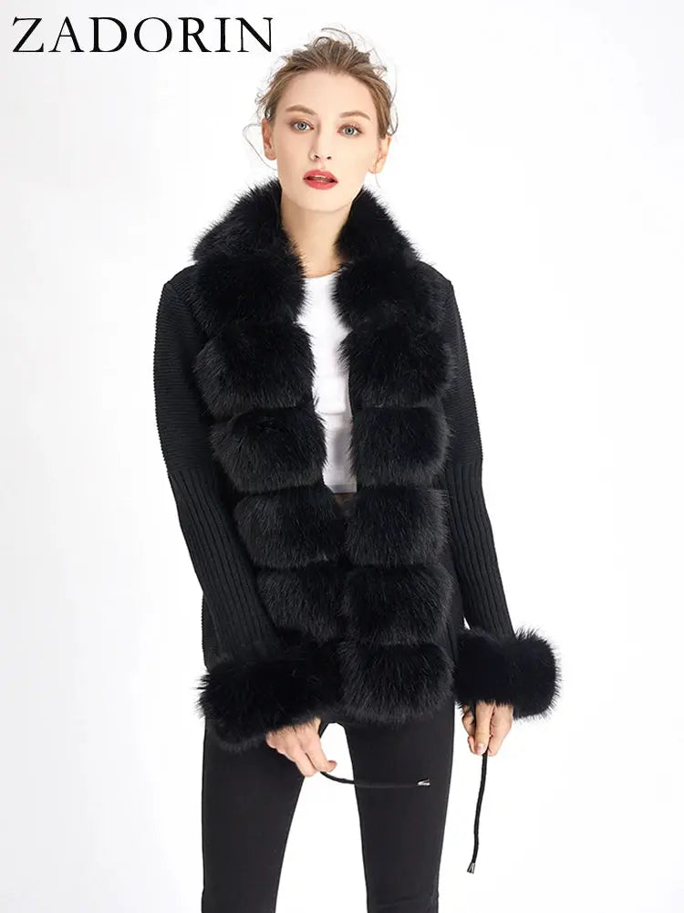 ZADORIN Fall Winter Women Faux Fur Coat Luxury Knitted Sweater Fur Cardigan Detachable Collar White Pink Jacket Faux Fur Coats ZITA LA BELLE ÉLITE