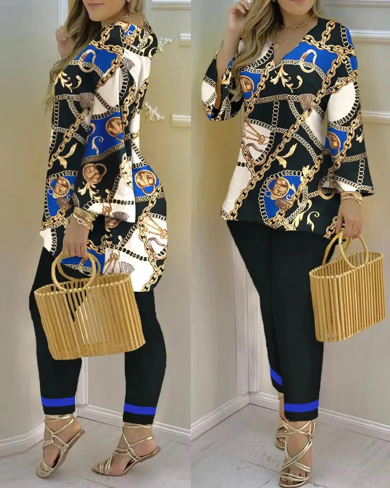 Women’s long sleeve V-neck polyester two-piece set featuring printed design, stylish and comfortable for casual wear.
