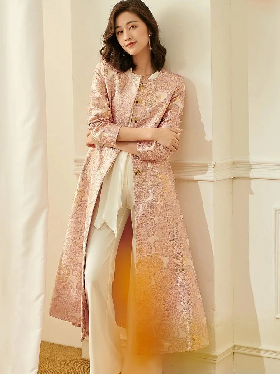 Luxury Women Long Trench Jacquard Coat Button Front Overcoat Fall Winter Floral Elegant Jackets Outerwear Party Outfit Clothes ZITA LA BELLE ÉLITE