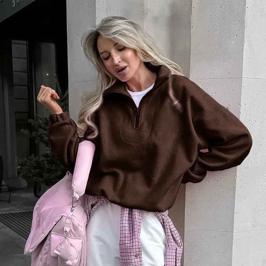 Women’s autumn winter fleece hoodie by LadyShow.Store featuring a stand collar, zip closure, and casual loose fit in solid color.