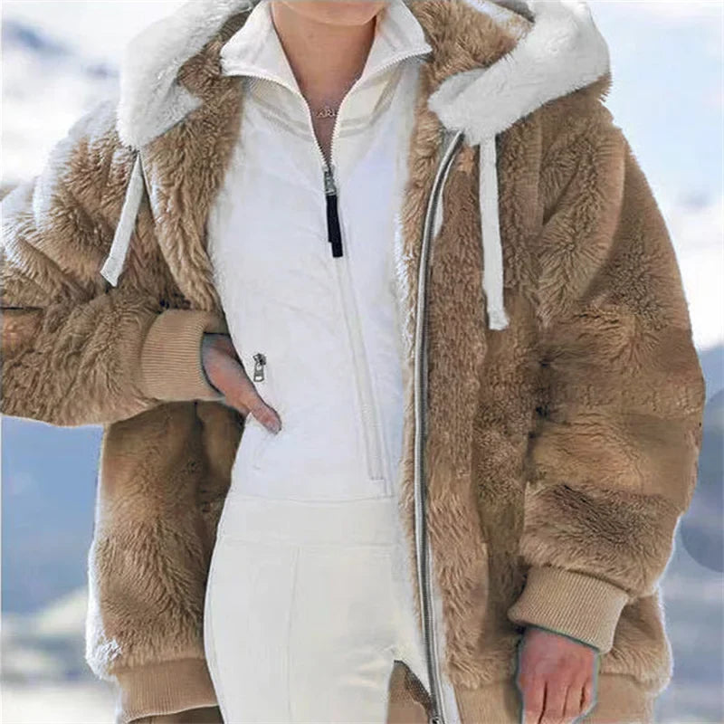 Women’s winter faux fur jacket by LadyShow.Store, plush hooded coat with soft fleece and zipper, thick casual cashmere-style outerwear
