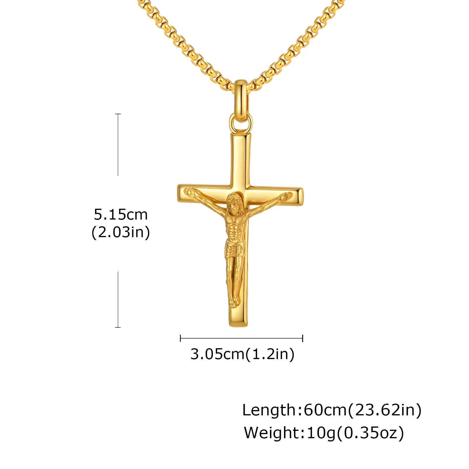 Stainless steel Catholic cross necklace with Jesus pendant in gold color, faith jewelry for men and women, prayer accessory.