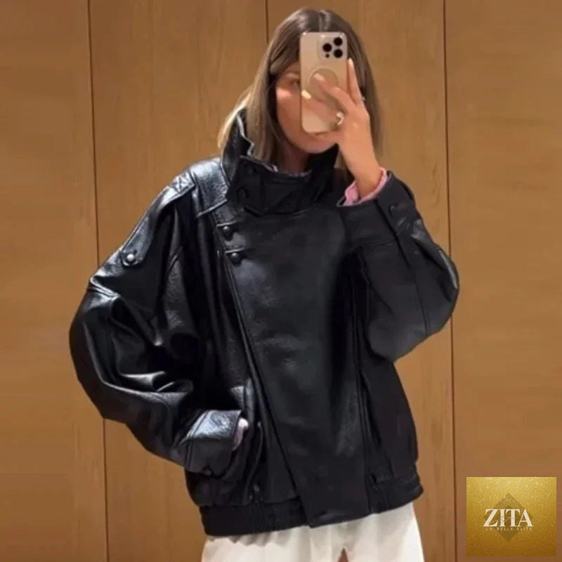 HXAO Faux Leather Black Jackets For Woman New Arrival Cropped Oversize Bomber Jacket Zip-Up Long Sleeve Coats Motorcycle Jackets