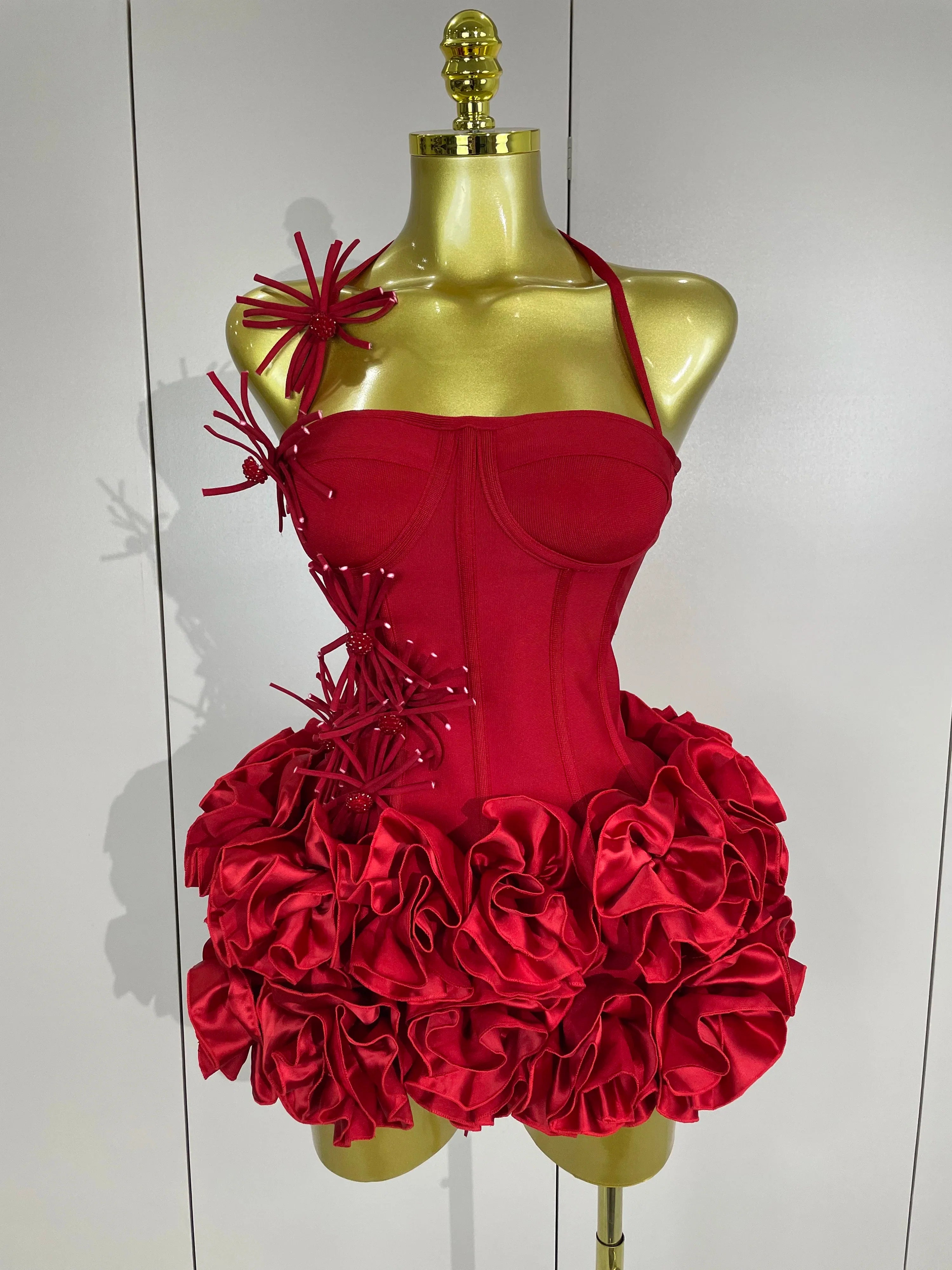 Elegant red and black two-piece halter prom gown set by FLIPSTYLEZLLC featuring a bandage design, perfect for cocktail and birthday parties.