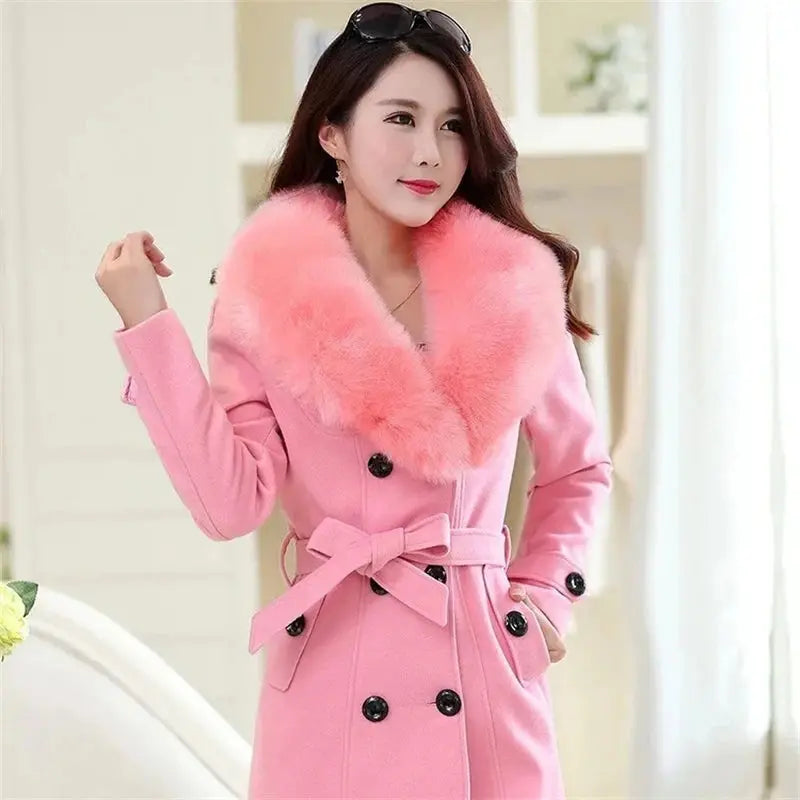 Korean Fashion Women Casual Loose Woolen Coat Elegant and Chic Solid Outerwear Long Overcoat with Belted Female Warm Cloak ZITA LA BELLE ÉLITE