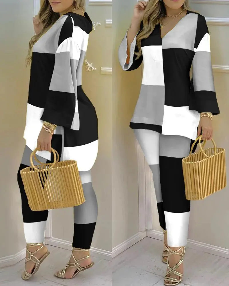 Women’s long sleeve V-neck two-piece set with printed polyester fabric, stylish and comfortable for casual wear.