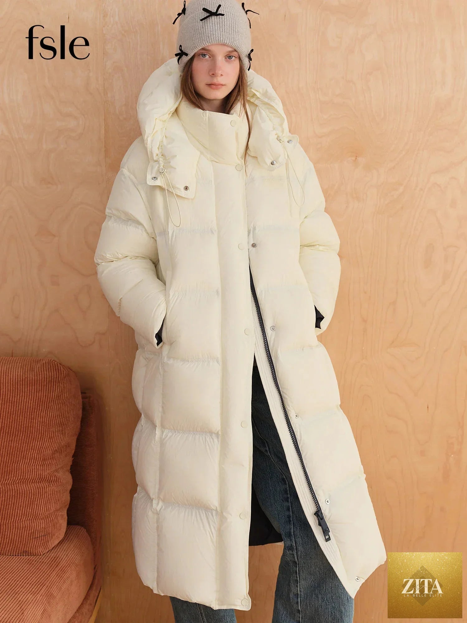 FSLE 2025 Winter New Women's Long Puffer Down Coat with Hood Two-Tone Color Block Thermal Insulated Jacket Heavy Warm Outerwear