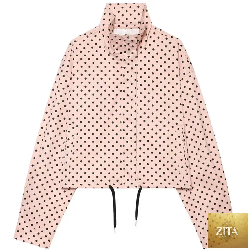 HXAO Polka Dot Bomber Jacket Women's Jackets Demi-Season Oversized Long Sleeve Top Outerwear Aviator Plus Size Zip Up Crop Coats
