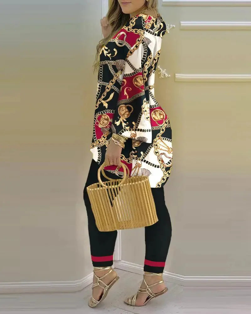 Women’s long sleeve V-neck two-piece set with printed polyester fabric, stylish and comfortable for casual wear.