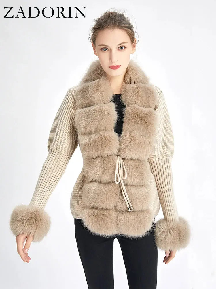 ZADORIN Fall Winter Women Faux Fur Coat Luxury Knitted Sweater Fur Cardigan Detachable Collar White Pink Jacket Faux Fur Coats ZITA LA BELLE ÉLITE