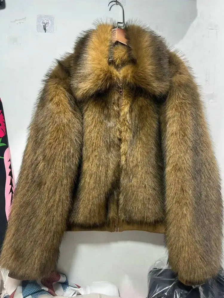 Fluffy Lapel Jackets for Women, Long Sleeves, Casual Zipper Jackets, Luxury Faux Fox Fur, Loose, Thick, Warm,Street Coats,Winter ZITA LA BELLE ÉLITE