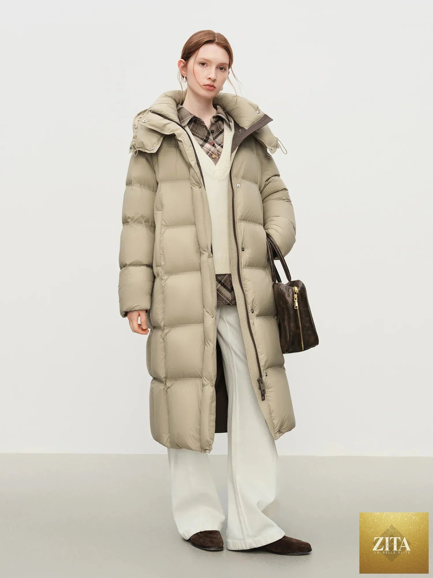 FSLE 2025 Winter New Women's Long Puffer Down Coat with Hood Two-Tone Color Block Thermal Insulated Jacket Heavy Warm Outerwear